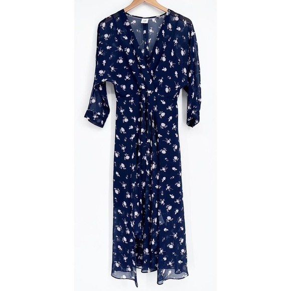 Cabi Blue Floral Print Asymmetrical Hem Midi Dress Three-Quarter Sleeves Size 6 - Picture 2 of 6